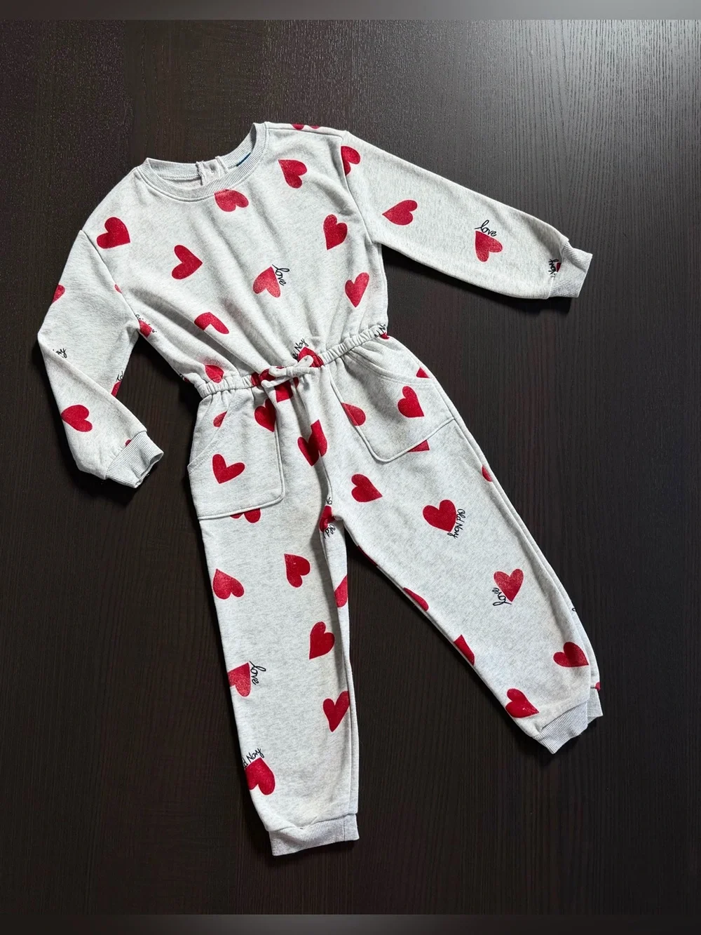 Grey Heart Print Jumpsuit with Red Hearts